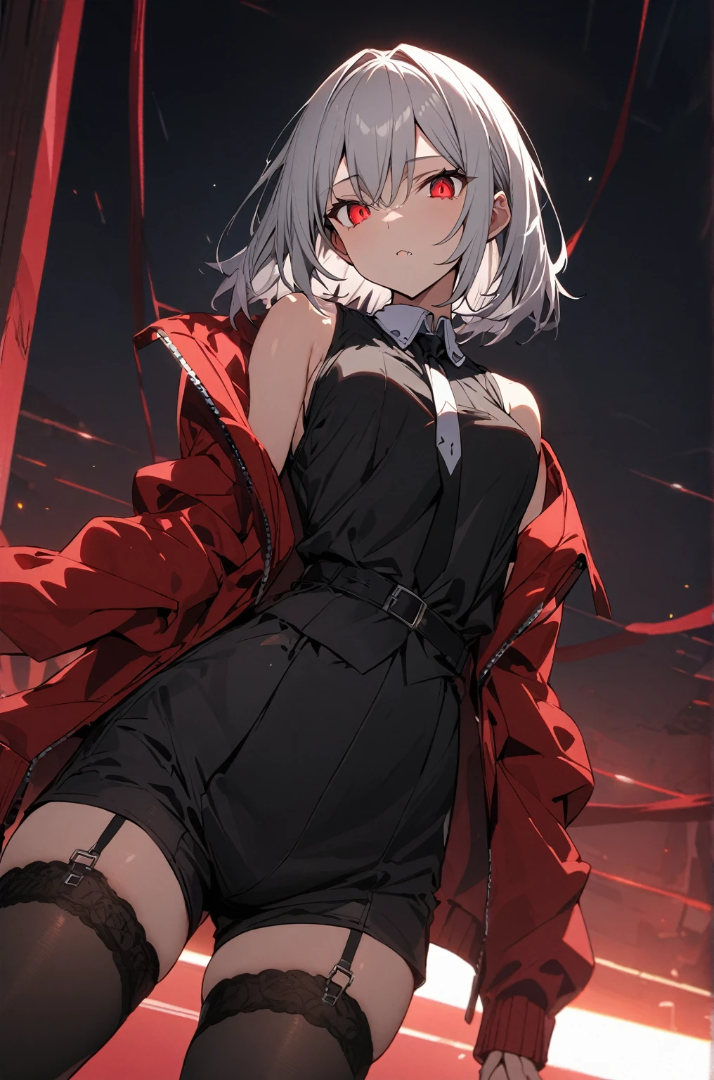 a handsome girl, solo, silver hair, [(gradient hair from black to silver:1.6):0.9], (black inner hair:0.8), medium hair, red eyes, bright eyes, fang (black and red jacket:1.4), black tie, white high neck collar, sleeveless, black shorts, (garter rings), black tights, expressionless, perfect lighting, best angle, masterpiece, best quality, extremely detailed face, extremely detailed,