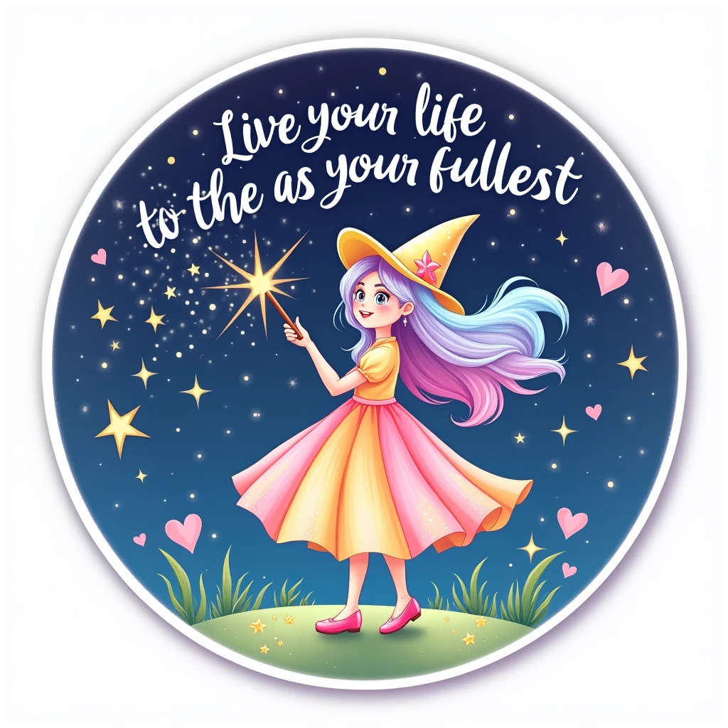 Sticker, "Live your life to the fullest, just as your heart desires!" - With a magical girl character casting a spell against a starry night sky, on a white background.