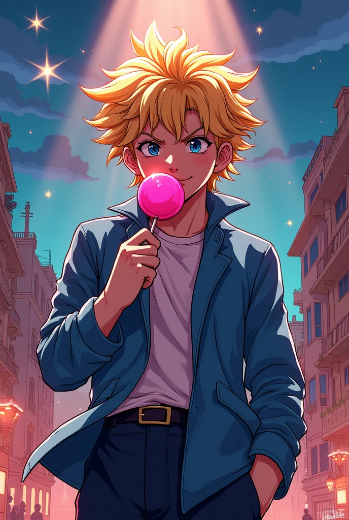 Make a manga style image of Giorno Giovanna from Jojo Bizzarre Adventures,with a pink lollipop