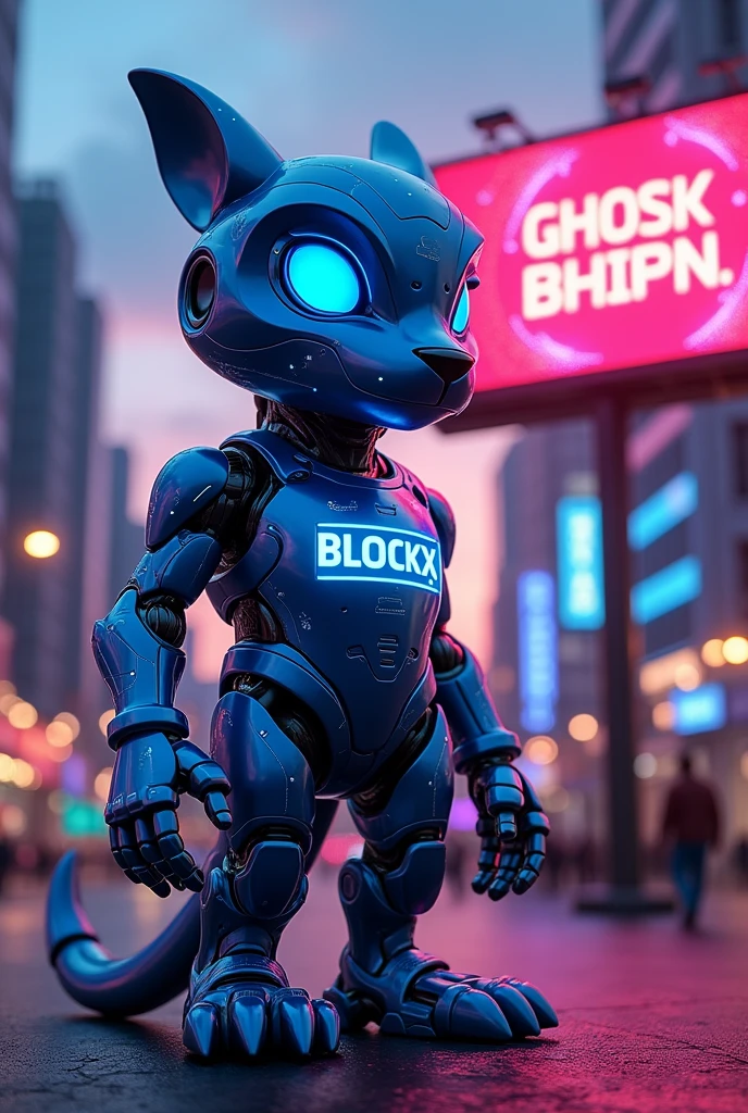 I need you to Design a unique cryptocurrency related mascot for the project (BLOCX),  with BLOCX written on the mascot's chest.  Here are some keywords "character/creature, realistic, futuristic, technical elements, AI"
Write " Safety Layer of DePIN. Designed to meet your diverse needs while prioritizing security and efficiency. #DePIN #VPN #GPU #AI #Cloud"  on a billboard in the background. Of the mascot. Make the background words visible. 