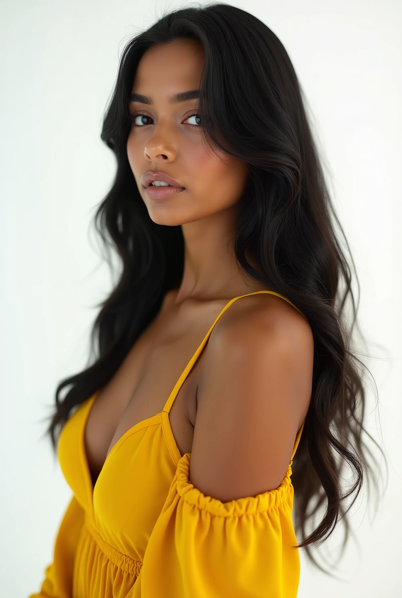 woman, 30 years old, long straight black hair, big bust, yellow dress, black and white silhouette image, looking at the camera, photorealistic