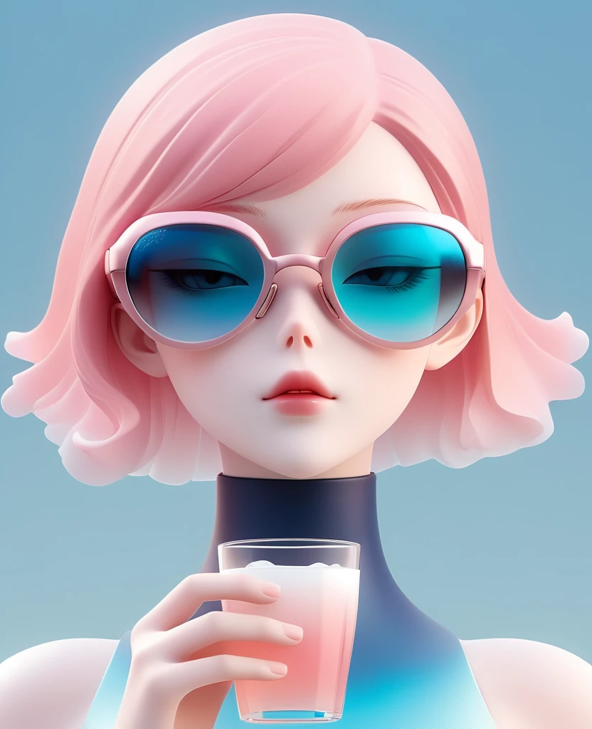 3D illustration of the upper body and face of an AI model wearing futuristic glasses, Stylish glasses with a drink attached，gradient background, pastel color palette, Pink blue, Simple, Cold metallic texture, surrealism,