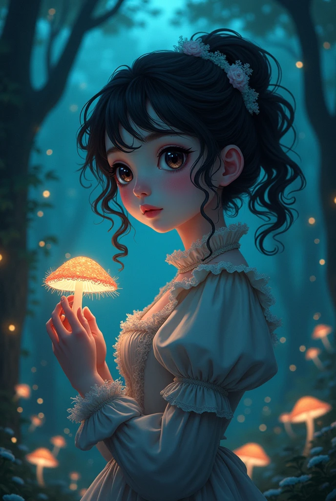 women, young,, hair, curly, negro, forest, DarkFantasy, fungus, tender, anime, black eyes, pink cheeks,  Victorian age,  anime,