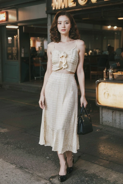 ((Original Photography:1.3)),((best quality,Ultra-high definition:1.2)),1950 retro style,old movie style,old photo style,Street scene in the United States in 1950,American Motel,Fashion portrait photos, 1 elegant lady,curls, Full body portrait,Spectacular neon lights,Standing elegantly on the street corner ,Perfect body,Long legs,Retro plaid long skirt,Real background,Highly integrated characters and backgrounds