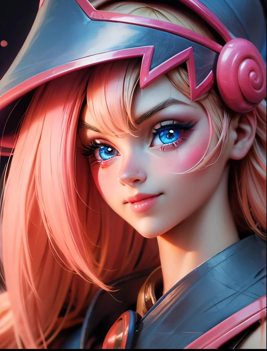 Create the beautiful face of dark magician gils. blue eyes. Extra long eyelashes. Thick Eyelashes. big eyelashes. pink lips. Tez blanca. blond hair. Tender girl smile. dark wizard gils