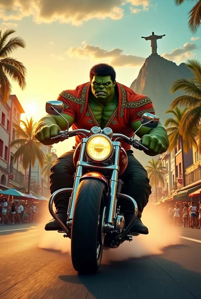 (photorealism:1.2),hulk mexicano riding a motorcycle in Rio de Janeiro