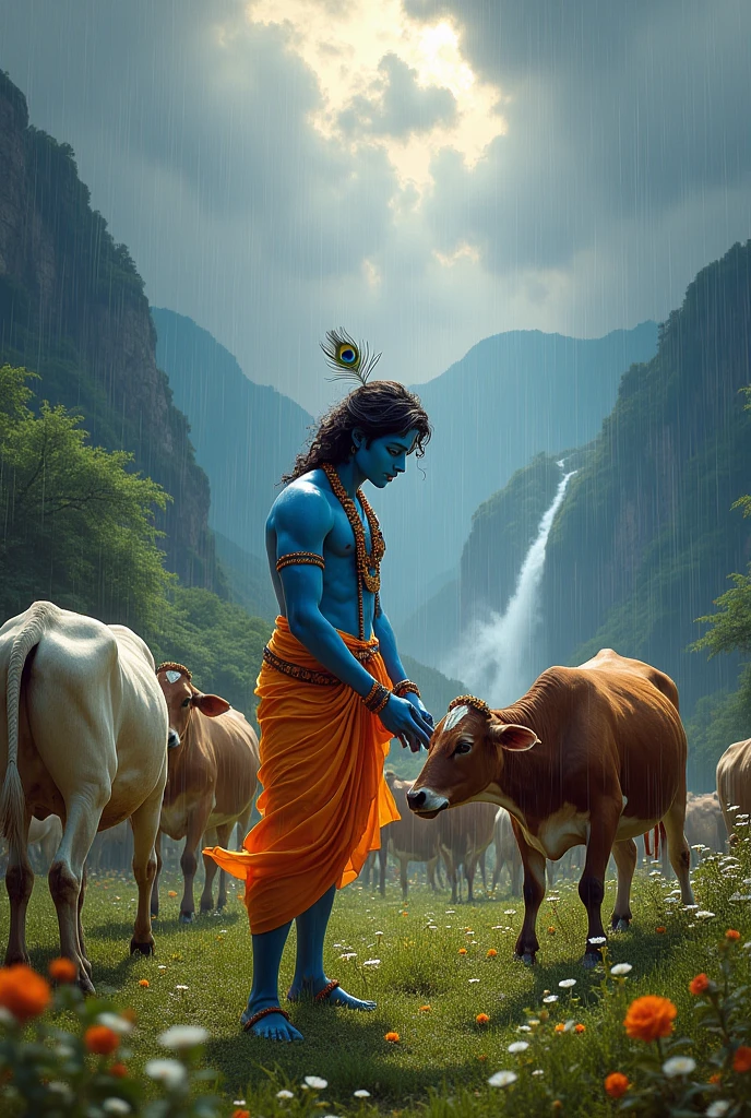 Lord Krishna is grazing cows in the mountains and it is raining.