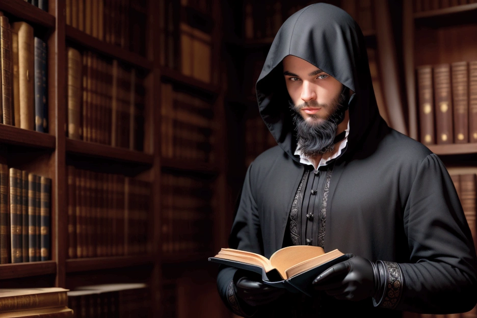 a young handsome european man black hair short beard blue eyes wearing a black noble cloth with hood cover his head with black gloves with a white rose brooch holding an ornate book in his hand at the medieval library at night