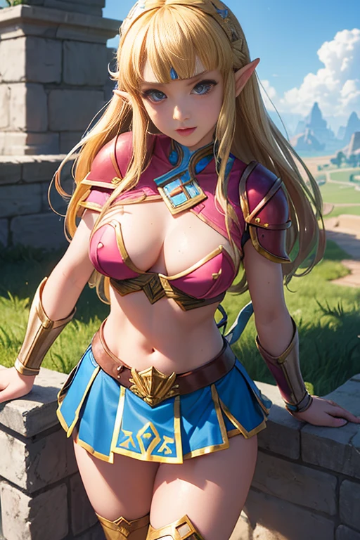 Make a Zelda image with an erotic touch, without losing her tenderness and innocence, with an armor combining that of Breath of the Wild with Wonder Woman and pre-Hispanic, The skirt is short, without underwear and her chest reveals her pink nipples, blonde hair, big boobs. Agarrandose las tetas, sexy, cara de puta
