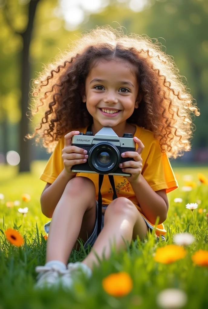 A young girl with curly hair and big breasts sits with her legs stretched out, taking a realistic photo