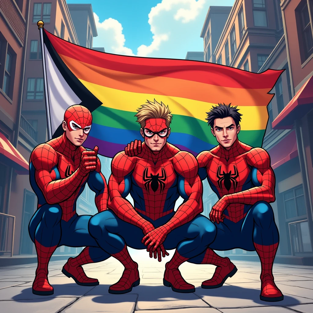 anime art: marvel art style, three masculine bullies 20-year-old males with a big bulge, wearing spider superhero outfit , They're holding the straight-pride-black-and-white-flag, squatting down