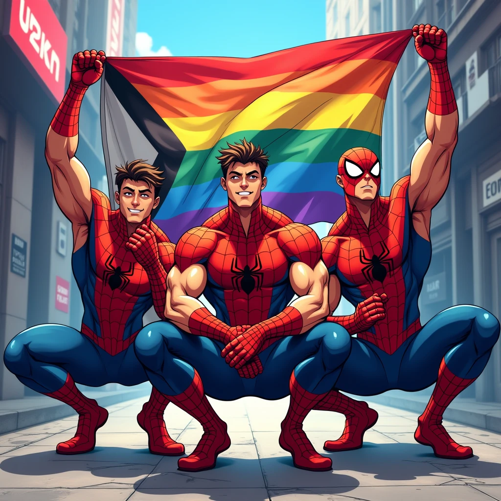 anime art: marvel art style, three masculine bullies 20-year-old males with a big bulge, wearing spider superhero outfit , They're holding the straight-pride-black-and-white-flag, squatting down