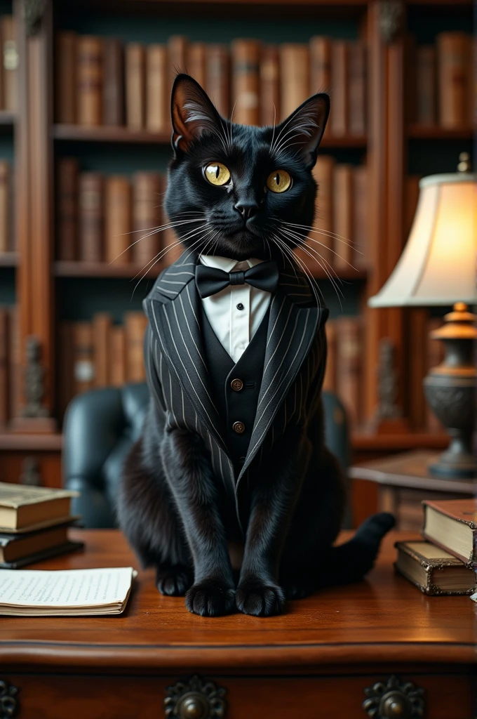 Create a black cat in a suit