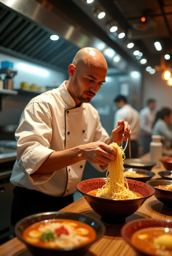 Working at a Japanese ramen restaurant overseas２４A slightly balding young man。I work in the kitchen and drain the noodles every day.。