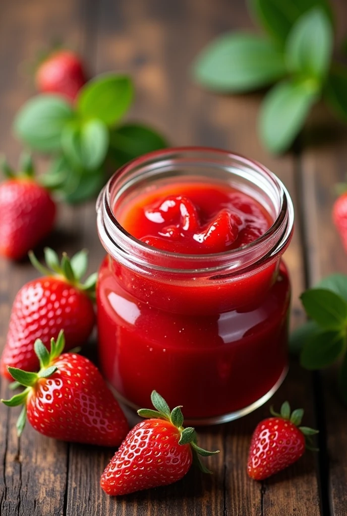 Can you create an infographic to promote my frea jam please? , I want the background color to be like wood , that in the middle is my jar of strawberry jam , and have strawberries around it, and leaves around too , Please don&#39;t let the bottle be too big. 