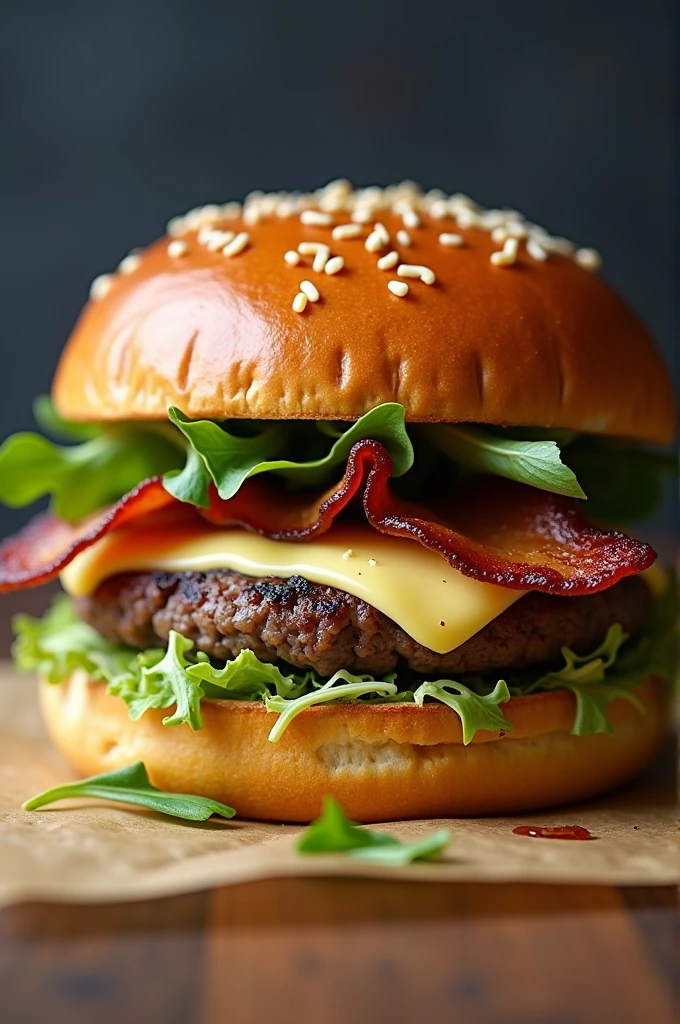 Crue um hamburger iper realista, where it contains brioche bread, pepper mayonnaise on the bottom bun, hamburger, queijo brie acima do hamburger, arugula above the cheese, a large slice of bacon above the arugula, pineapple jelly above bacon, and the bread on top