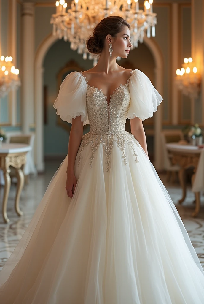 Glamorous Chic Voluminous Sparkly Wedding Dress with Puff Sleeves 