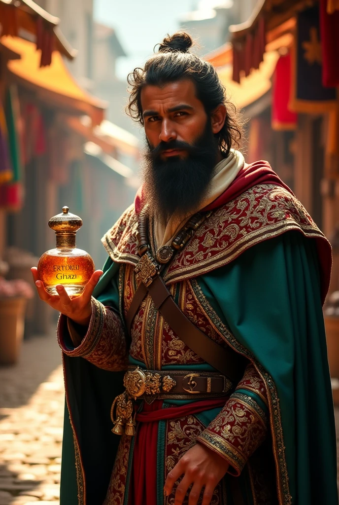 I want a picture of Ertugrul with a bottle of perfume with the name Ertugrul Ghazi