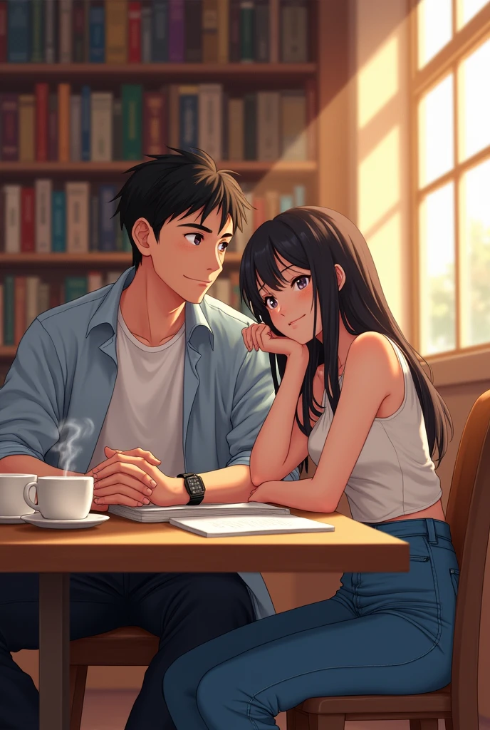 Anime scene: couple is in a library for studying, they are sitting on a table facing each other, there are book selfs beside them, the boy is wearing white t sshirt and light blue shirt with black pant also has a watch, the girl is wearing a white top and blue jeans, the girl is fall asleep and the boy is adorably looking at her , there are books and 2 coffe mugs on their table, focus the couple make it more beautiful make it anime scene