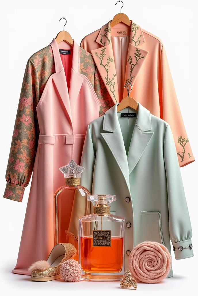Product Collage: An attractive collage showing a selection of your best clothes, fragrances and accessories. Make sure the colors and styles complement each other.