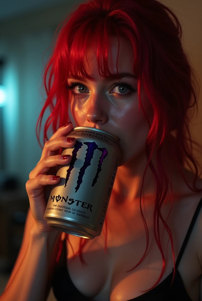 NSFW, Young Problematic e-girl with red hair streak Masturbating fingering her wet cunt and drinking a can of monster drink at midnight