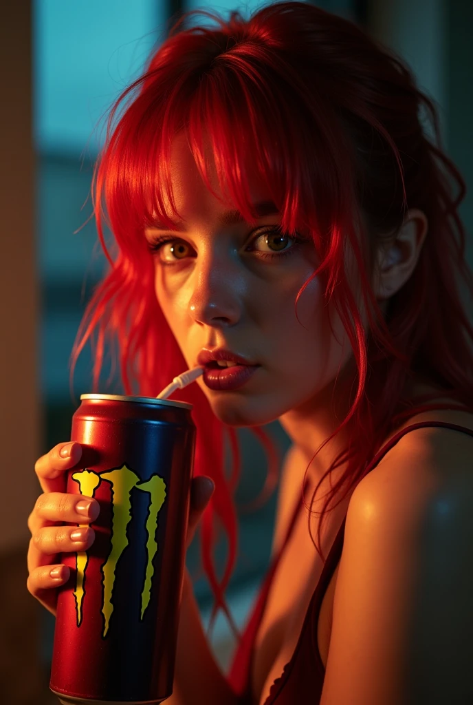 NSFW, Young Problematic e-girl with red hair streak Masturbating fingering her wet cunt and drinking a can of monster drink at midnight