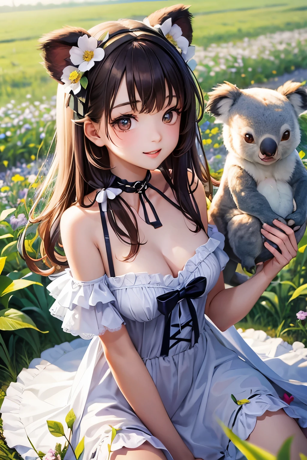 A cute and beautiful girl in a koala costume with a heart-shaped choker, in a beautiful flower field
