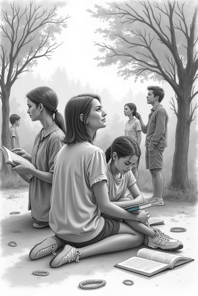 generate a drawing that can be reproduced on paper with graphite pencil, based on the following words about adolescence: Anxiety, change, insecurity, friendship, Relations/amorous, discoveries, SELF KNOWLEDGE, conflict/anger, Curiosidade, Passions