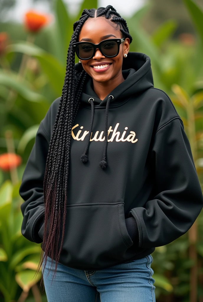(photorealism:1.2), beautiful black African woman,23 years,sharp boobs,,wearing jeans and a fitting hoodie written "Kinuthia", smiling,long braids,oversized black photo chromatic glasses, standing , plants in background, Nickie Minaj inspiration