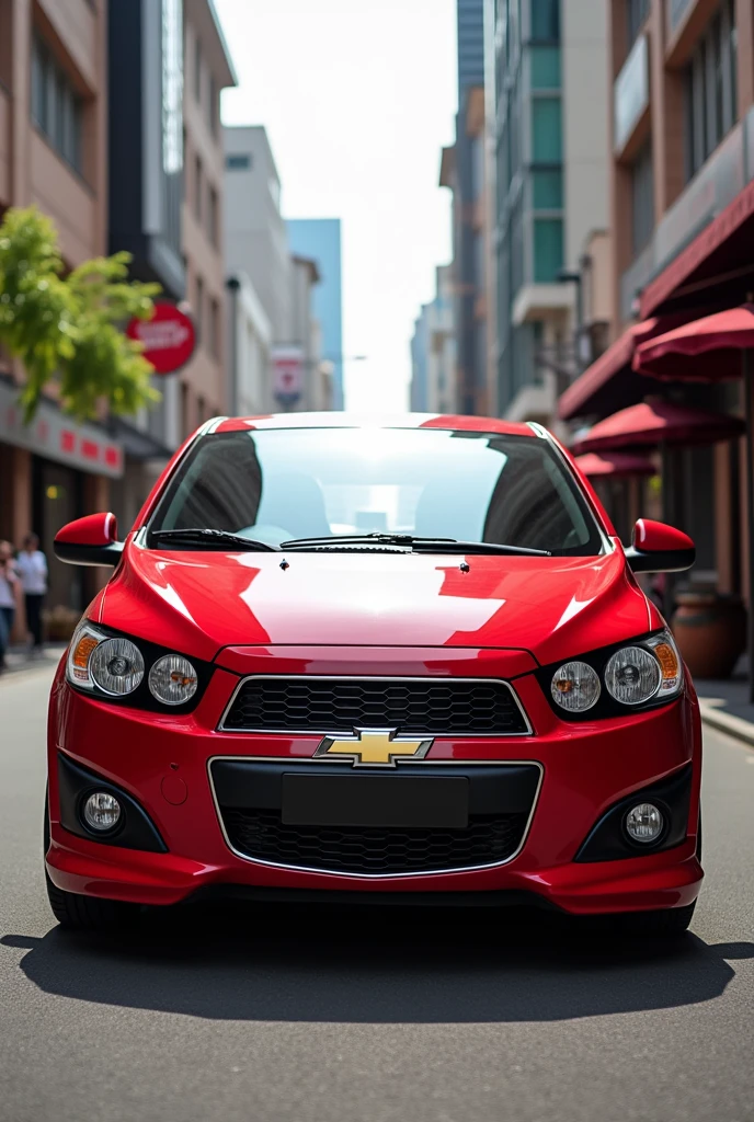 Chevrolet Aveo emotion 2010 model red with black grille up to the hood
