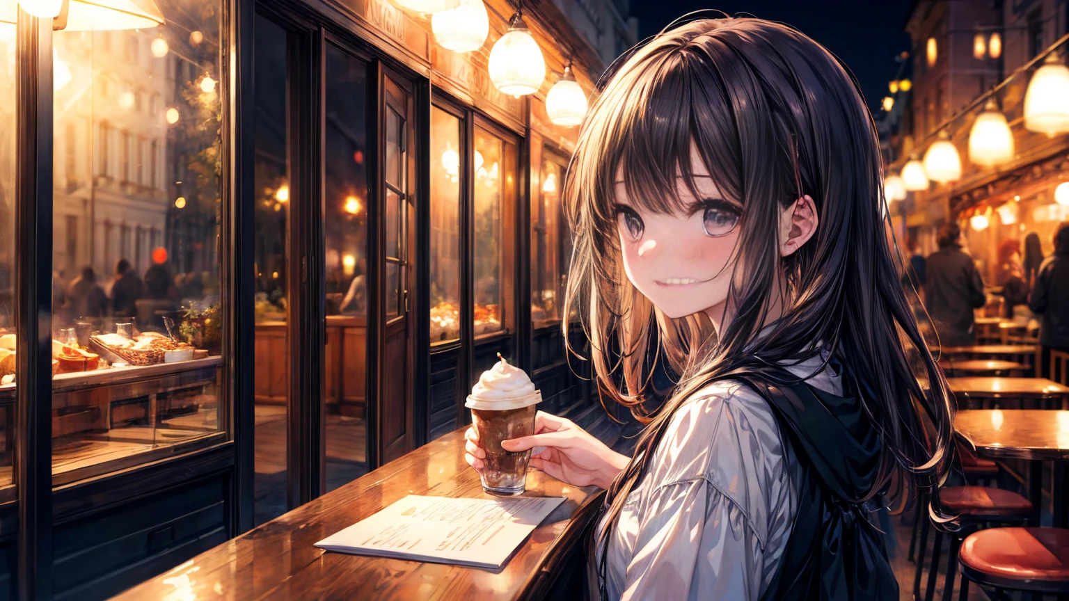 ((Highest quality)), ((masterpiece)), (detailed), 1girl, Cafe, night, Warm Light, watercolor, blurry background