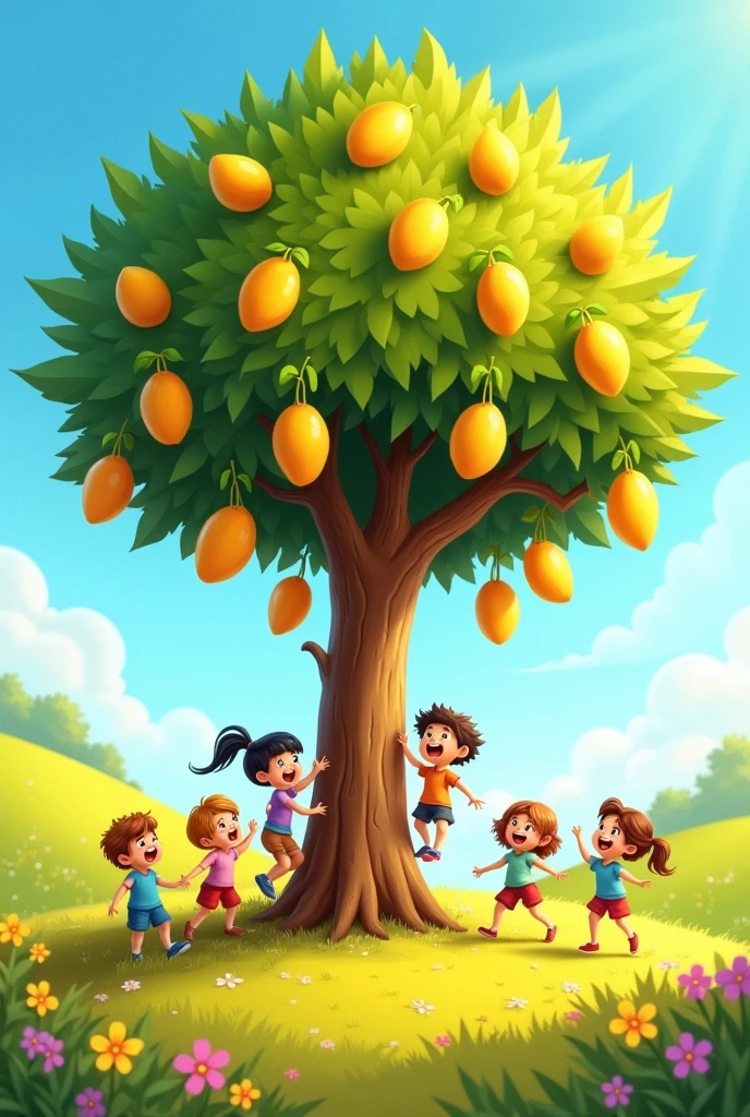Kids play Cartoon single mango tree