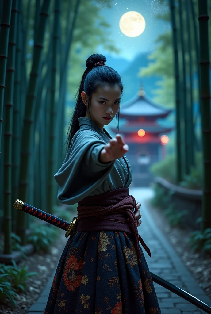 samurai, 1girl, Hold a Japanese sword and point the blade at it, hakama, aesthetic, wide shot, cinematic lighting, ultra wide angle, moonlight, starry sky, bamboo forest, Japanese temple,