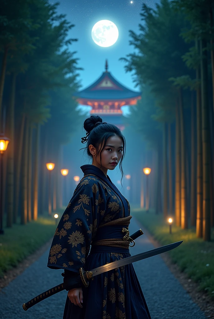 samurai, 1girl, Hold a Japanese sword and point the blade at it, hakama, aesthetic, wide shot, cinematic lighting, ultra wide angle, moonlight, starry sky, bamboo forest, Japanese temple,