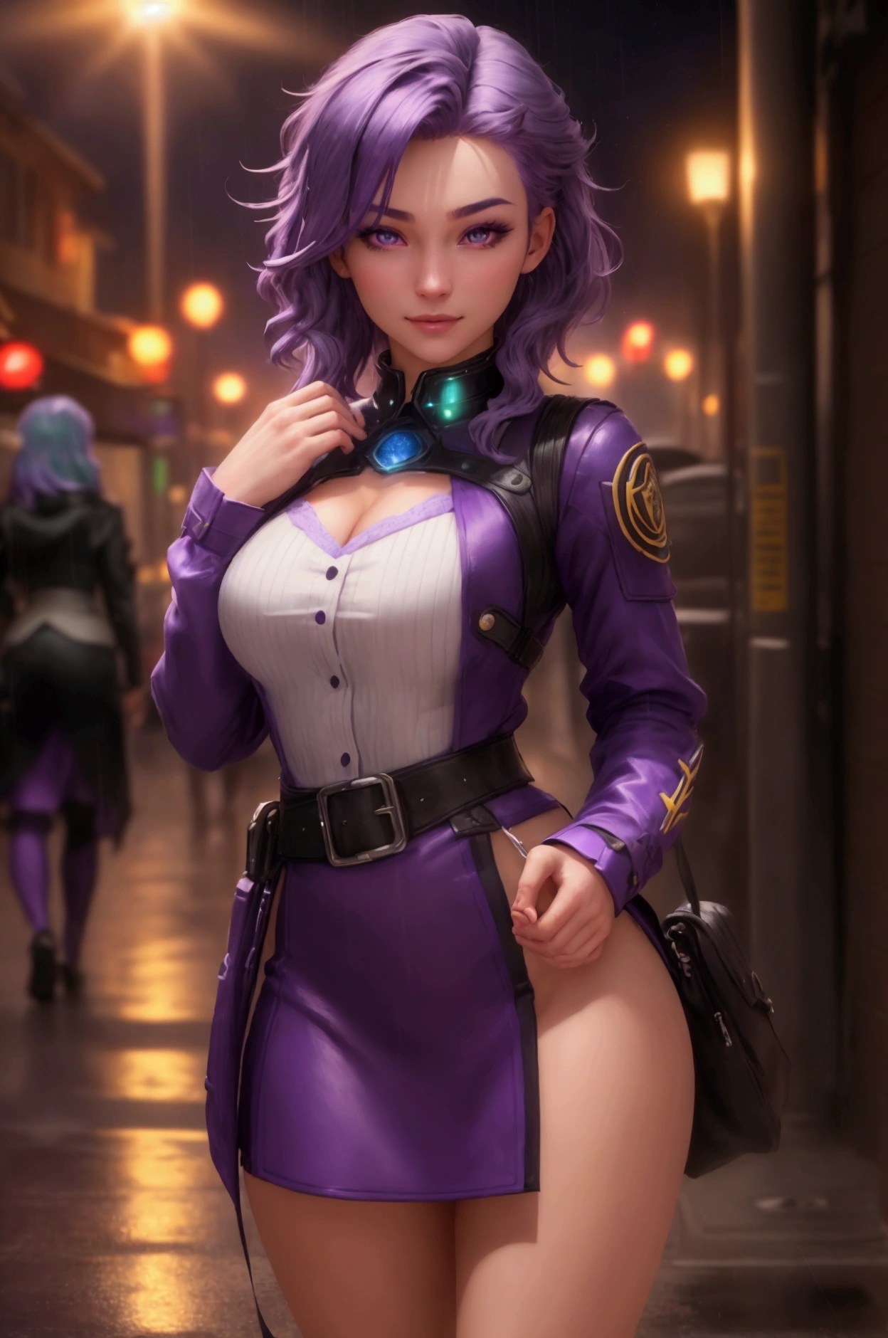 (at night), alone, in a video game scene a background of a beautiful city during the day raining, standing at attention, purple hair, lightning behind her, lightning coming out of her hand ((purple hair)), 1 girl, alone, 20 years old, young woman, perfect hands, beautiful and perfect fingers, long beautiful legs, perfect legs, beautiful body, beautiful nose, beautiful character design, perfect face, look at the viewer with a serious gesture and in a standing position attack (focusing on his face), closed mouth, Light_Smile, official art, extremely detailed CG unity 8k wallpaper, perfect lighting, bright and colorful front lighting, glowing skin (masterpiece: 1.0), (best_quality: 1.0), resolution ultra high, 4K, ultra detailed photography, 8K, HDR, high resolution, nonsense: 1.2, Kodak portra 400, film grain, blurred background, bokeh: 1.2, lens flare, (vibrant_color:1.2), professional photography, (beautiful_face : 1.5), (narrow waist),
