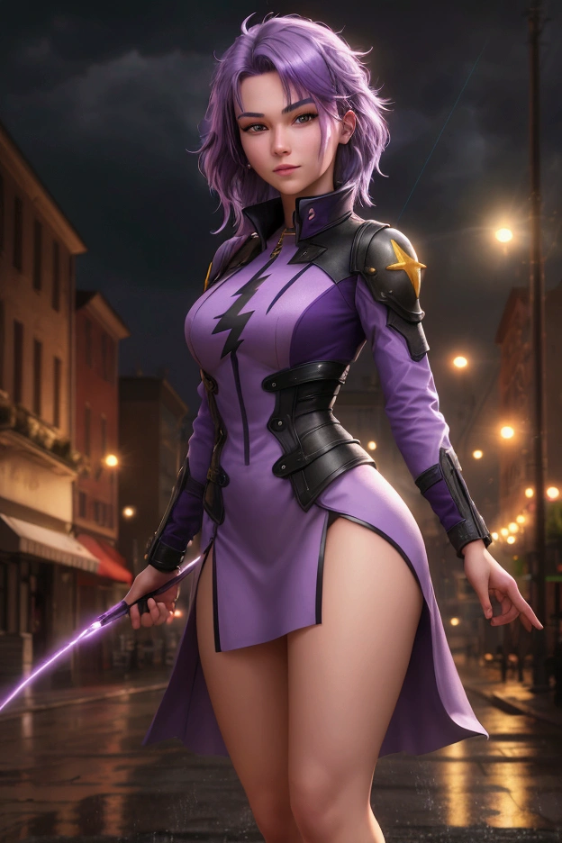 (at night), alone, in a video game scene a background of a beautiful city during the day raining, standing at attention, purple hair, lightning behind her, lightning coming out of her hand ((purple hair)), 1 girl, alone, 20 years old, young woman, perfect hands, beautiful and perfect fingers, long beautiful legs, perfect legs, beautiful body, beautiful nose, beautiful character design, perfect face, look at the viewer with a serious gesture and in a standing position attack (focusing on his face), closed mouth, Light_Smile, official art, extremely detailed CG unity 8k wallpaper, perfect lighting, bright and colorful front lighting, glowing skin (masterpiece: 1.0), (best_quality: 1.0), resolution ultra high, 4K, ultra detailed photography, 8K, HDR, high resolution, nonsense: 1.2, Kodak portra 400, film grain, blurred background, bokeh: 1.2, lens flare, (vibrant_color:1.2), professional photography, (beautiful_face : 1.5), (narrow waist),
