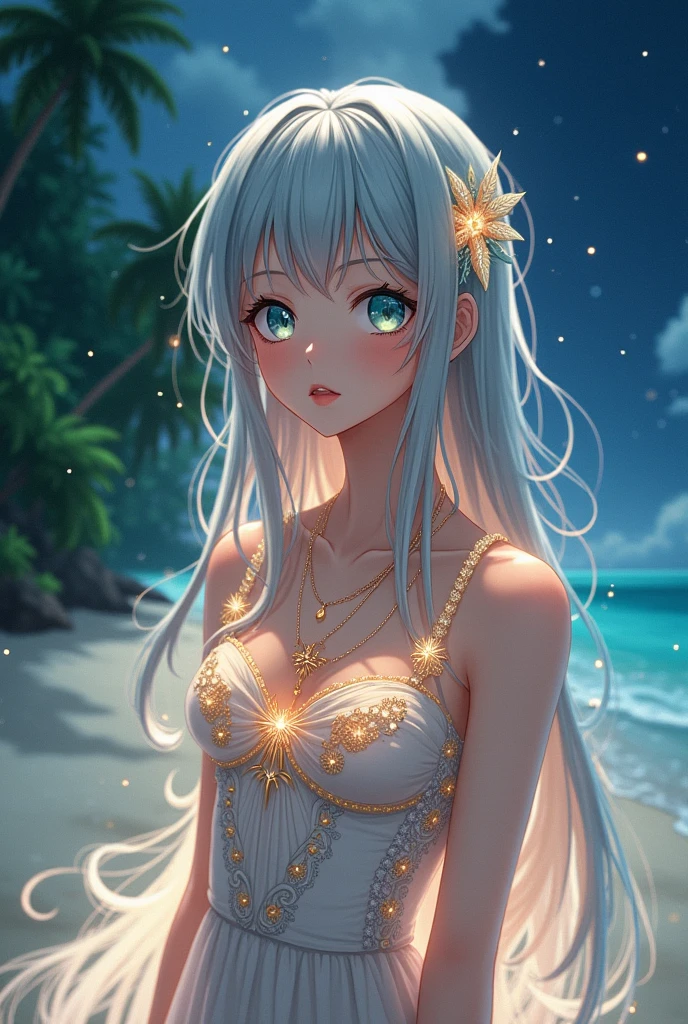 (masterpiece,Highest quality,,8k,High resolution),One female,(Beautiful Face,Beautiful Face)Beautiful eyes,Beautiful lips,,Silver blonde hair,,(Anime Girl)、Sandy beach with a view of the forest,A bright night with stars visible,Mysterious light particles emitting from the body、Very mysterious light、jewelry,necklace,dress,(whole body),Highly detailed anime art,A complete portrayal、