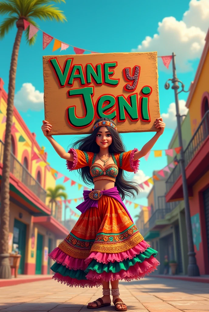 A girl wearing a folkloric costume, representative of Mexico.
The girl is holding a sign in her hands and inside the sign is the word "Vane y Jeni"
In punk style animated mode