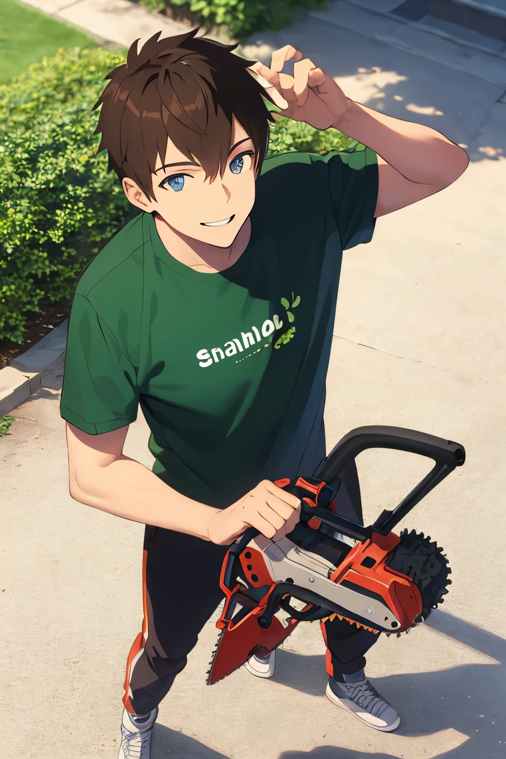 a lovely cute guy with blue eyes and brown hair, standing in a pose, an evil smile, a green T-shirt, holding a chainsaw in his hands