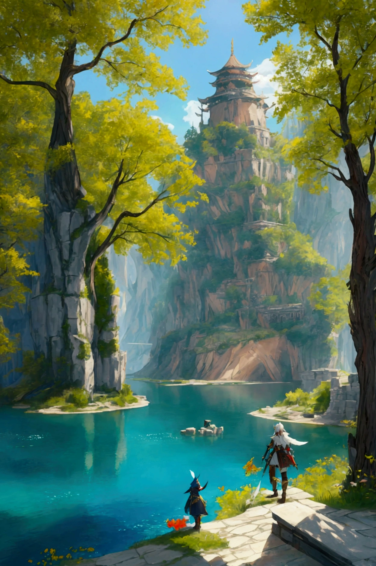 there is a picture of a scene of a lake with a ruin, 19xx, fragments, from ncsoft, from arknights, trails of ink follow movements, 5 e, by Mi Fu, from lineage 2, ffxi, 4 0 k, 40k, ffxiv, 1x, from bravely default ii, 9k, 9 k, detailed image