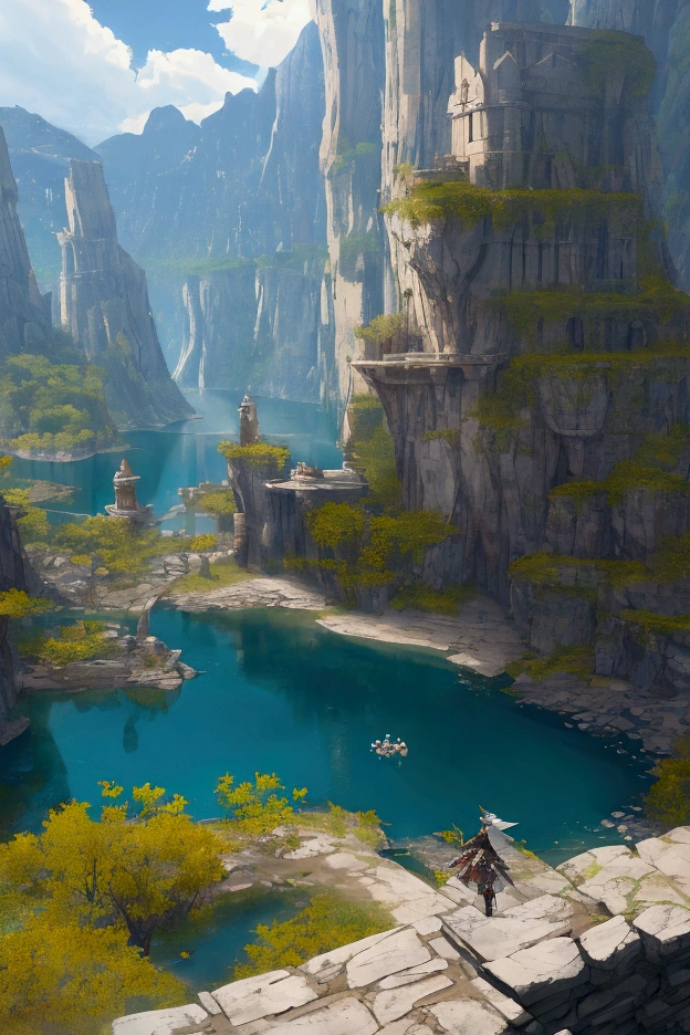 there is a picture of a scene of a lake with a ruin, 19xx, fragments, from ncsoft, from arknights, trails of ink follow movements, 5 e, by Mi Fu, from lineage 2, ffxi, 4 0 k, 40k, ffxiv, 1x, from bravely default ii, 9k, 9 k, detailed image