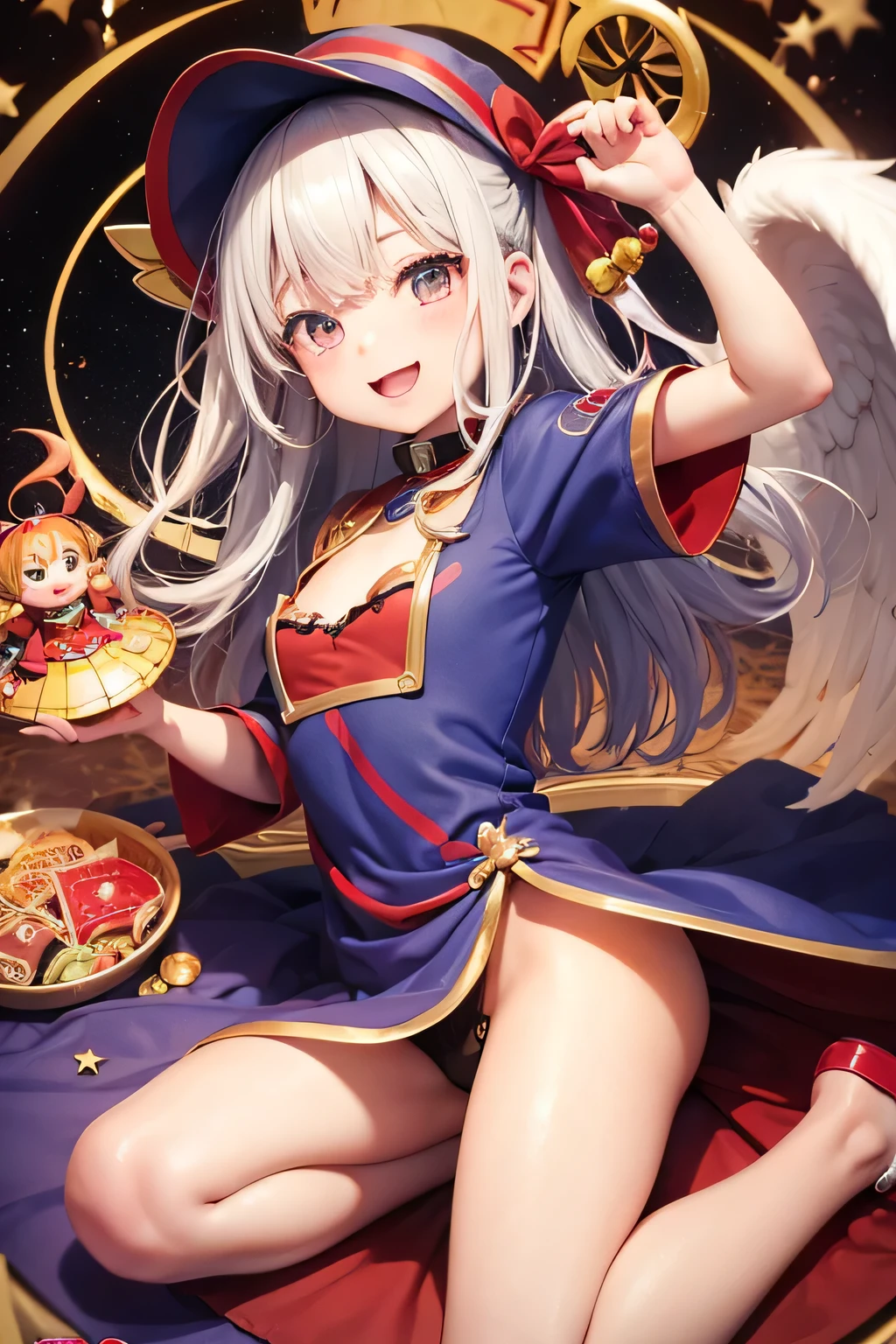 carnival, Friendly, Zaako♡, Goblin Woman, masterpiece, Tengu, (Fortune teller: 0.8), (sleepy: 0.8), Intimate, (アニメ: 1.2), Stocky, Happy, Angelic French doll, Shirt dress, くつした, Yu-Gi-Oh