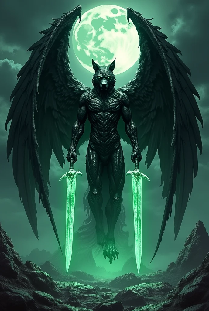 Make the image of a werewolf made of obsidian that has large wings also made of obsidian that is holding two huge swords of fluorescent jade that shine in a dark night super mega realistic as if it had been made by Francisco Goya