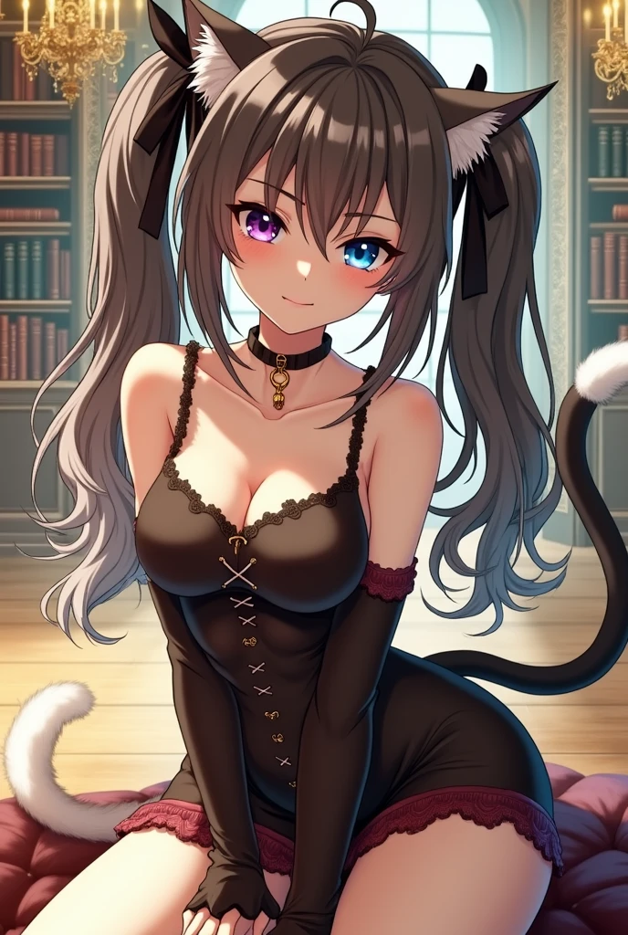 ((best quality)), ((masterpiece)), (detailed), ((highres)), In lavish manor library,  extremely long white hair. Fluffy white cat ears (on head). Long white cat tail (on butt), 1catgirl, 20 year old, curvy body, naked. Heterochromatic eyes (one blue eye, one purple eye). No shoes, white leggings, nude, no clothes, anime, short, provocative, white lewd dress, sitting
