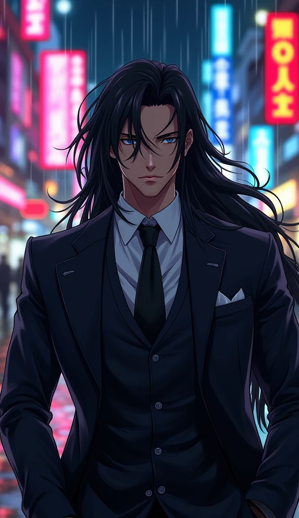 A mafia man, Long hair，Asian men, detailed face, anime style, focus on face, full body, full body view, HD, hyper quality, detailed 