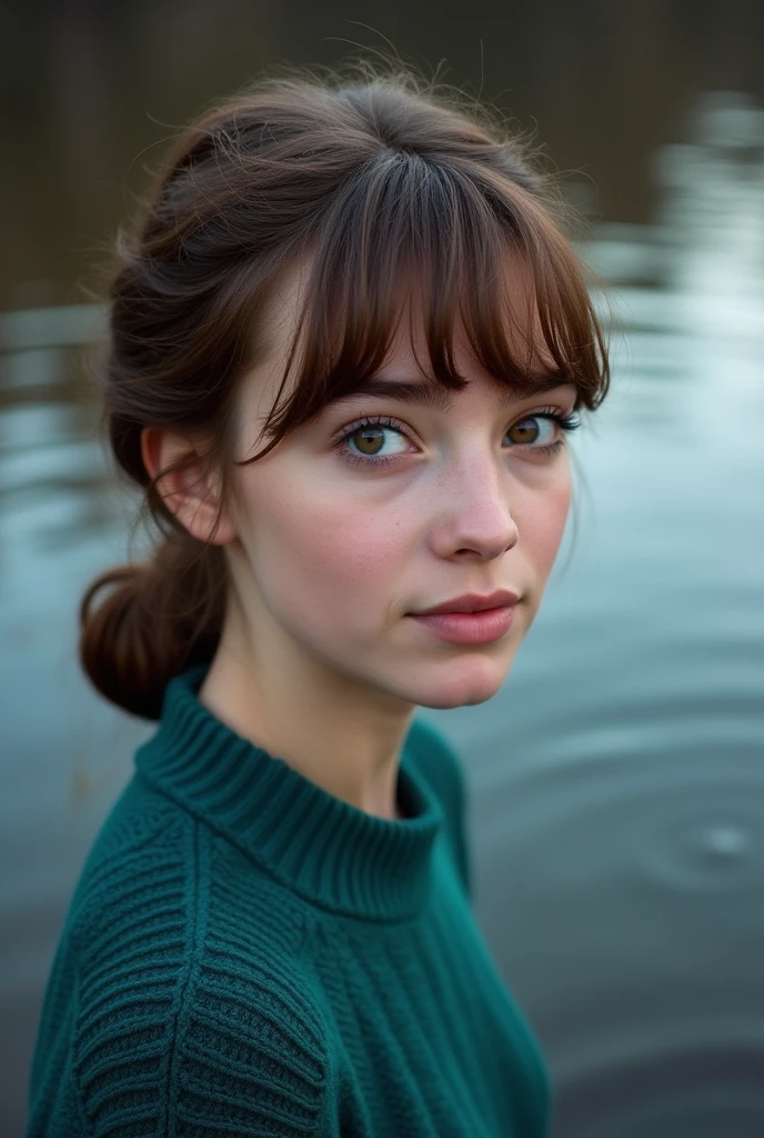 Very pretty realistic detailed photograph of a pretty 17 year old girl, brown hair with bangs and a twisted low bun hairstyle, brown eyes, Roman nose, dressed in deep turquoise green swearer, background of black lake