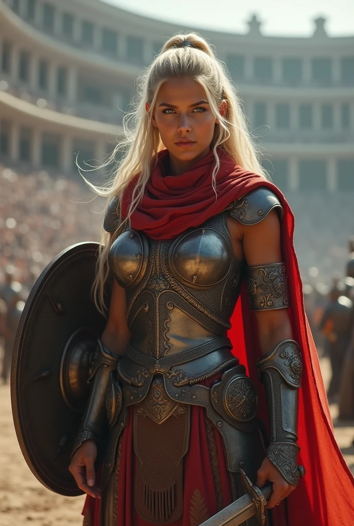 ((masterpiece, highest quality, Highest image quality, High resolution, photorealistic, Raw photo, 8K)), ((Extremely detailed CG unified 8k wallpaper)), (huge stunning goddess shot, very hot and sexy, jaw-dropping beauty, perfect proportions, beautiful body, slim body beauty:1.4), arafed woman in armor holding a sword and shield, portrait of a barbarian female, north female warrior, a very beautiful berserker woman, north adult female warrior, female barbarian, female warrior, portrait of a barbarian woman, barbarian warrior woman, very beautiful female barbarian, barbarian class, portrait of a woman warrior, rpg portrait concept art, (beautiful warrior, holding short sword and small shield, Wearing a red scarf, leather armor), (blonde hair, blue eyes, dark skin), (amphitheatre, Fighting while being watched by the crowd, motion blur), movie poster, large "INFINITY" written at bottom of screen,
