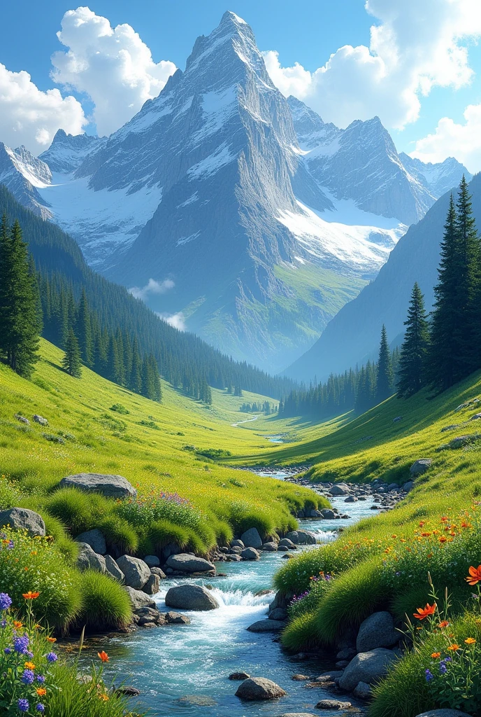 Imagine a breathtaking panorama: towering, snow-capped mountains form a dramatic backdrop, their rugged peaks piercing a clear blue sky. Below, lush green meadows stretch out, dotted with colorful wildflowers and gentle streams winding through the landscape. The contrast between the towering, stark beauty of the mountains and the vibrant, serene expansiveness of the verdant land creates a stunningly picturesque scene, evoking a sense of peace and grandeur.