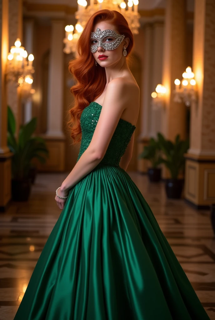 Redhead woman in ball gown and mask, fully body 