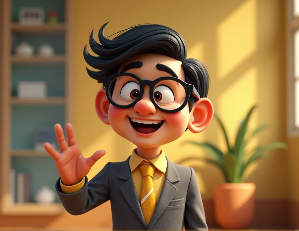 Cartoon character of a black man with indigenous features, Brazilian, middle-aged, with black and white hair, wearing black glasses and a gray suit with a light yellow shirt and a yellow and white striped tie., smile speaking in sign language, animation character, stylized character, animation style rendering, 3d stylized, Arnold Maya rendering, Stylized 3D rendering, toon render screenshot, 3d character, 3d character, Stylized 3D rendering, 3D character rendering, cartoon character, Personagem de close up, character posing, (Pixar-style) (master part:1.2) (bokeh) (best qualityer) (skin detailed) (detailed texture) (8k) (Argilla) (cinematic lighting) (sharp focus)